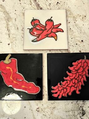 Tile Trivet Red Chili Pepper Ceramic Set Hand Painted Artisan Tile Coaster Decor